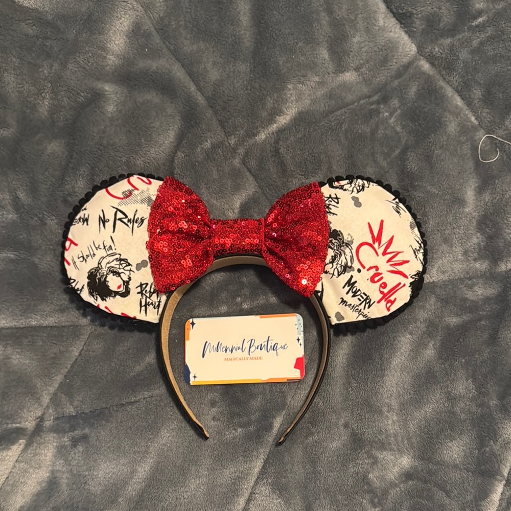 Cruella Red Sequin Bow Mouse Ears Headband Custom Maid Brand New
